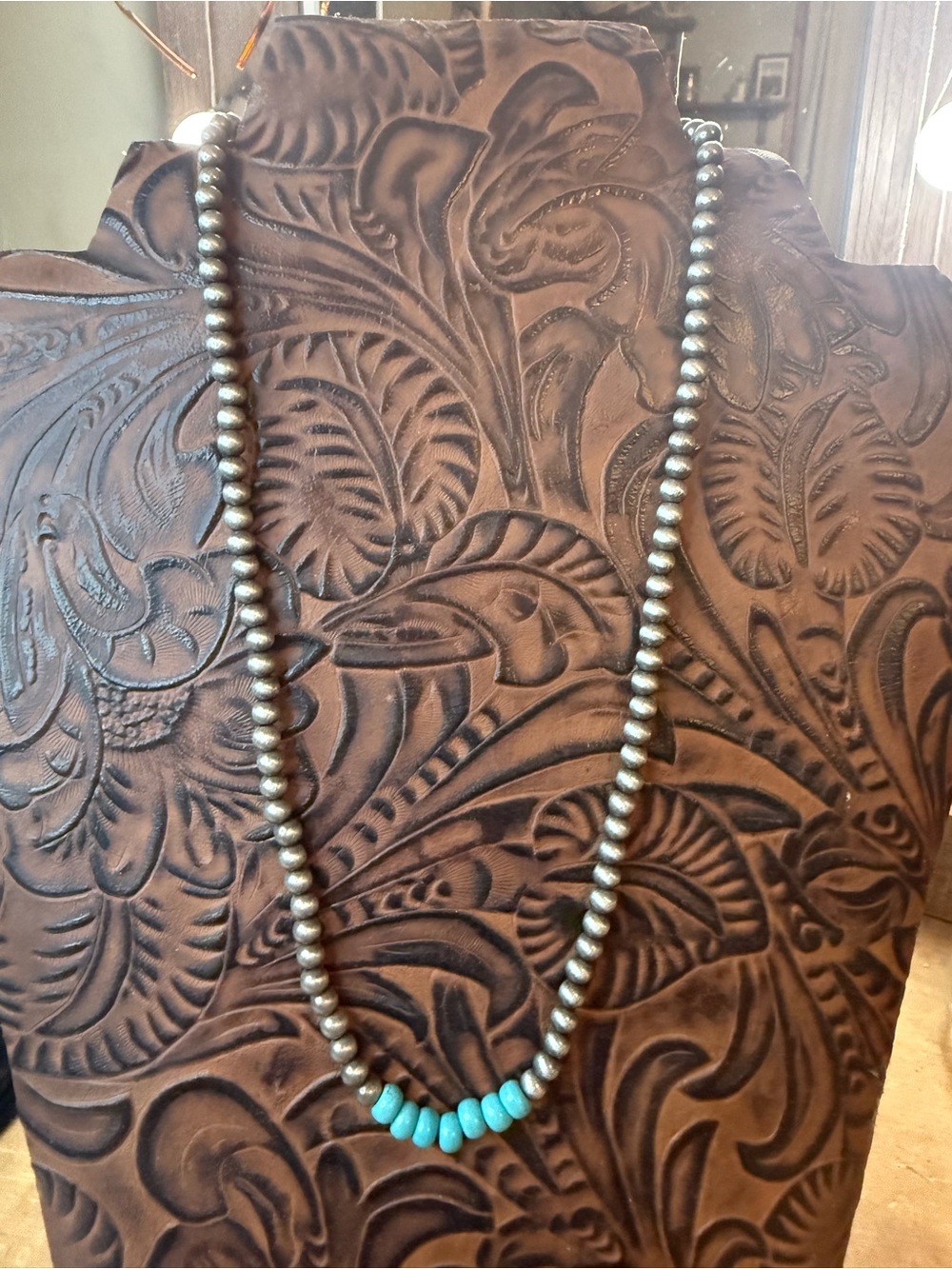 Silver Bead Necklace with Turquoise Accent - Women Jewelry